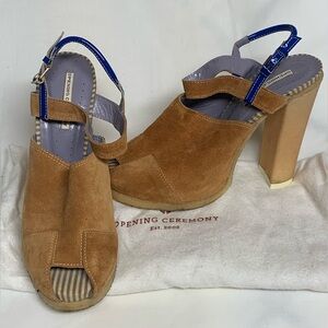 Authentic Opening Ceremony Brown & Blue Suede Peep Toe Heels Sz 37/6 -Price Firm